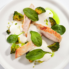 Turkey Fillet with Baked Cabbage Broccoli and Cheese Espuma