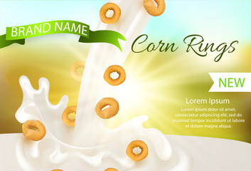 Realistic vector. 3d illustration with a splash milk and corn rings. Element for design packaging,advertising for sales fast breakfasts, healthy foods,template advertising