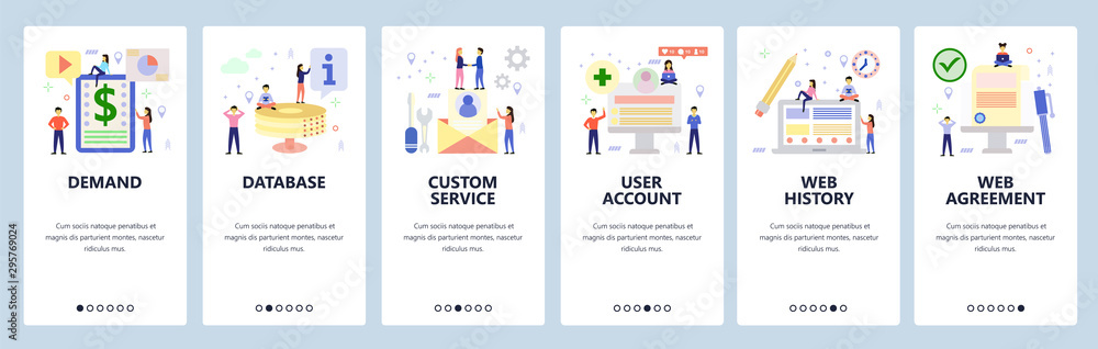 Poster mobile app onboarding screens. business contract, database, user profile account, web history, team 
