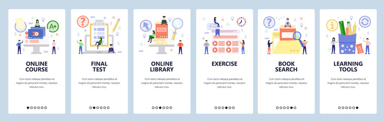 Mobile app onboarding screens. Online education, video lecture and course tutorial, digital library. Menu vector banner template for website and mobile development. Web site design flat illustration - obrazy, fototapety, plakaty