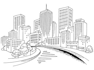 City river graphic black white cityscape skyline sketch illustration vector