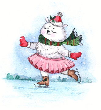Winter illustration. New Year's white bear on skates. Great for greeting card and winter design