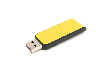 USB Yellow flash drive memory on a white background, selective focus
