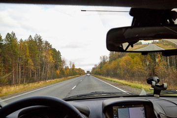 View on track from the car window and natural landscape