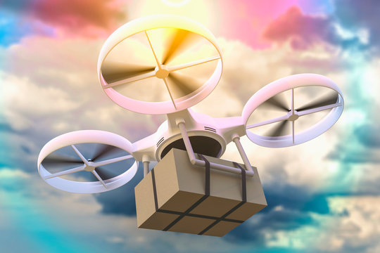 Drone, quad copter is delivering package