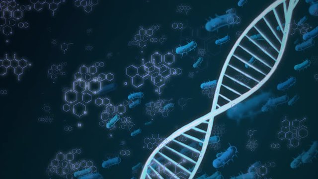 DNA Double Helix 3D Virtual Realistic Science Under Microscope Monitor Animation Background. Particle Virus In Laboratory Chemistry Identification 4k Footage.