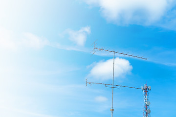 Blue skies sky, clean weather, time lapse blue nice sky. Clouds and sky timelapse, White Clouds & Blue Sky,with older analog television towers and radar transmitting towers.