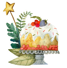 Watercolor christmas card with christmas cupcake.