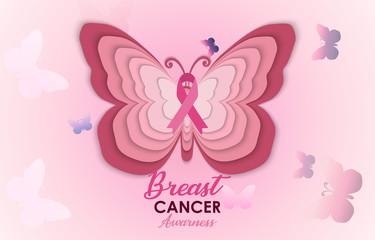 Pink Ribbon Butterfly Breast Cancer Awareness Banner Flat Vector Illustration for support and health care. October is Cancer Awareness Month. Vector illustration