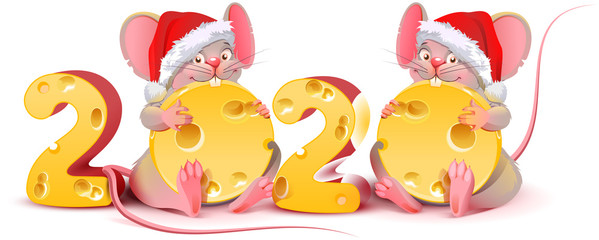 2020 year of mouse calendar. Two twin mice are holding cheese. Rat in red santa christmas hat
