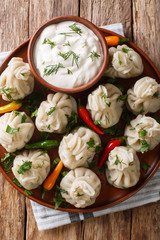 Georgian khinkali dumplings served with sour cream sauce closeup on a plate. Vertical top view
