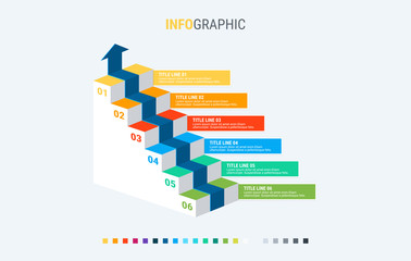 Infographic template. 6 colorful options. Stairs infographic. Design with beautiful colors. Vector timeline elements for presentations.