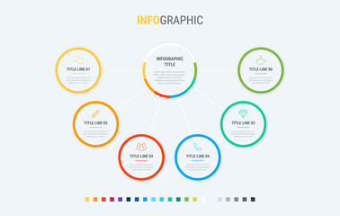 Timeline infographic design vector. 6 options, circle workflow layout. Vector infographic timeline template.