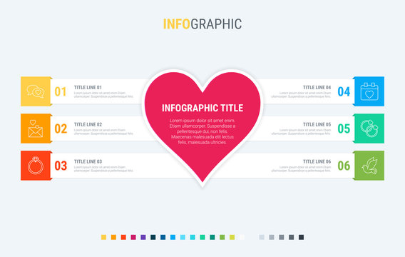 Colorful diagram, infographic template. Love infographic template with 6 steps. Heart workflow process for valentines. Vector design.