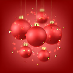 Fototapeta na wymiar Merry Christmas and Happy New Year banner. Holiday vector illustration with realistic red Christmas balls. Xmas decoration balls, golden confetti and bokeh with blur effect on red background.