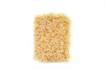 Block of Dried Instant Noodles, Ramen Isolated on White Background. Workaholic, Student Meal Concept.