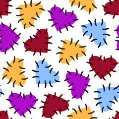 Seamless Halloween pattern with colorful voodoo hearts - colored hearts with stitches, isolated on white, voodoo symbols. Design for greeting card, gift box, wallpaper, fabric, web design.