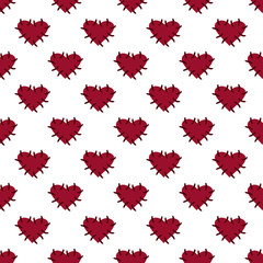 Seamless Halloween pattern with voodoo hearts - red hearts with stitches, isolated on white, voodoo symbols. Design for greeting card, gift box, wallpaper, fabric, web design.