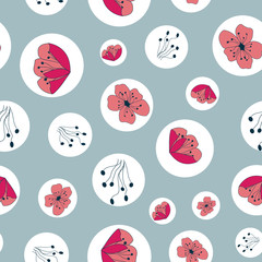 Poppies in circles, hand drawn vector repeat pattern gray, surface pattern design