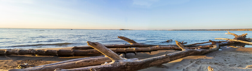 Panorama of the evening landscape on the river Bank