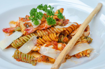 Fusilli pasta seafood with tomato sauce