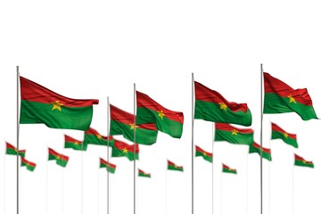 nice Burkina Faso isolated flags placed in row with bokeh and space for your content - any holiday flag 3d illustration..