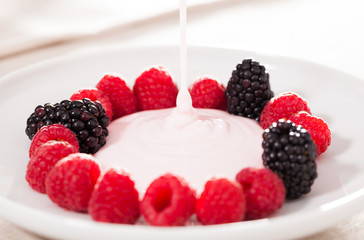 fresh raspberries and blackberries laid out on a white plate in circle with yogurt
