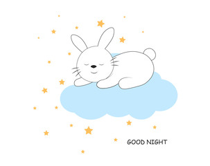 Cute little white rabbit with stars around sleeping on a cloud