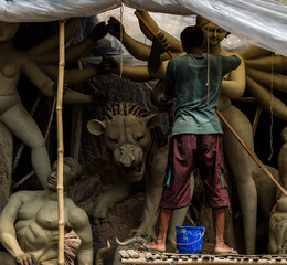 Making of goddess Durga idol. These idols are made for Durga puja, the biggest festival of West...
