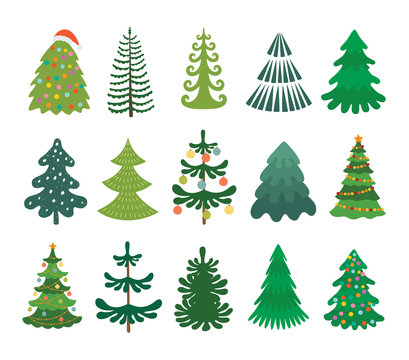 Christmas tree set. Decorated xmas trees. Winter holidays party green fir with garland decoration. Isolated vector illustration.