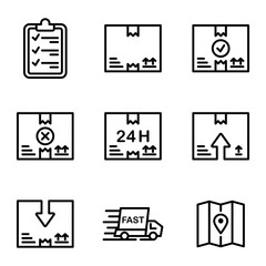 Delivery icon set outline style including checklist, clipboard, note, form, box, carton, package, delivery, logistic, cardboard, fast, car, shipping, gps, location, map, navigation