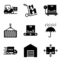 Delivery icon set glyph style including forklift,logistic,vehicle,cargo,delivery,box,scale,package,crane,container,inventory,umbrella,shield,protection,free,shipping,order,warehouse,direction