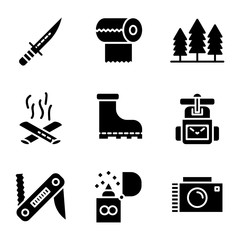 Camping icon set glyph style including knife,cam,survive,adventure,tissue,camp,trees,camping,fire,bonfire,shoes,boots,climbing,equipment,bag,swiss knife,flame,lighter,camera,documentation
