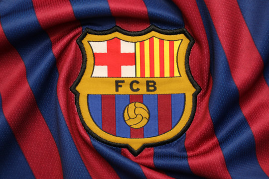 BANGKOK, THAILAND -JULY 18: the logo of  Barcelona football club on an official jersey on July, 18,2018.