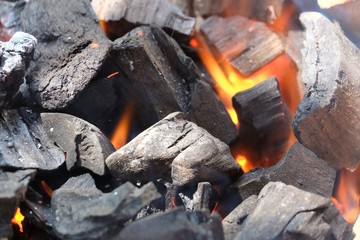 Firewood with hot charcoal burning in a stove 