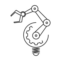 Robotic arm and light bulb icon. Automation and machine learning concept. Outline thin line illustration. Isolated on white background. 