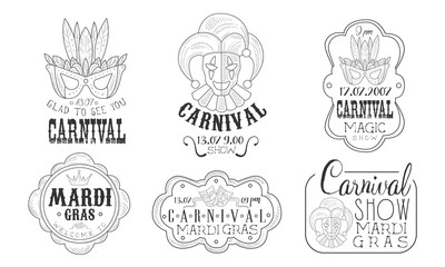 Carnival Mardi Gras Hand Drawn Retro Labels Set, Magic Show Monochrome Badges Vector Illustration