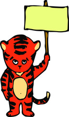 sad tiger cub stands in picket with poster illustration isolated on white background in hand drawing style
