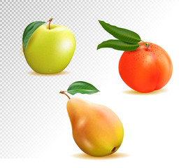 Vector set of realistic fruits: appl, peach and pear. 3d illustration