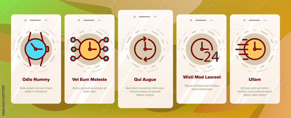 Poster different time clock onboarding mobile app page screen vector icons set thin line. hourglass and wat
