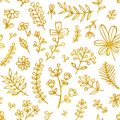 Fototapeta na wymiar Folk flowers vintage raster seamless pattern. Ethnic floral motif white hand drawn background. Contour golden inflorescence, blossom. Blooming, plant leaves. Ditsy textile, wallpaper design.