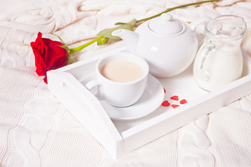 Close up of cup of tea with red rose on the white tray