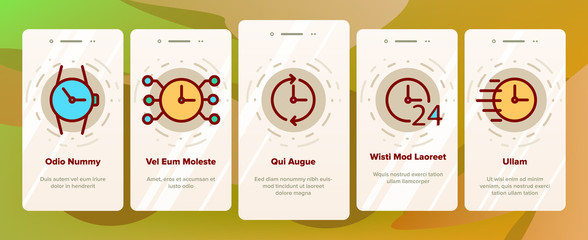 Different Time Clock Onboarding Mobile App Page Screen Vector Icons Set Thin Line. Hourglass And Watch, Alarm-clock And Electronic Digital Clock Concept Linear Pictograms. Contour Illustrations