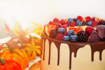 Close up cake with chocolate smudges, decorated berries and fruits with autumn leaves on the background