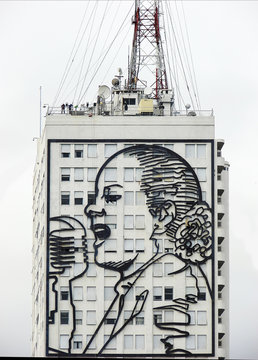Large portrait of Maria Eva Duarte de Peron decorated on facade building of the Social Development Ministry in  Buenos Aires, Argentina 22 february 2015 