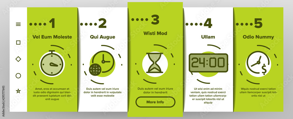 Poster different time clock onboarding mobile app page screen vector icons set thin line. hourglass and wat