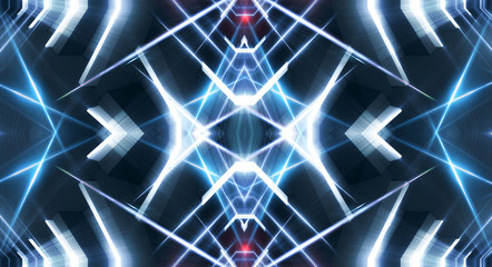 Abstraction light tunnel, corridor, rays, lines. Neon background. Neon light, reflection of light, lamps illuminated by floodlights. Blue end red background with m lines and rays.