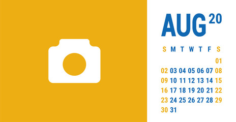 August 2020 calendar. English desk or wall calender template. Vector grid. Office business planning. Planner's design. Yellow and blue colors