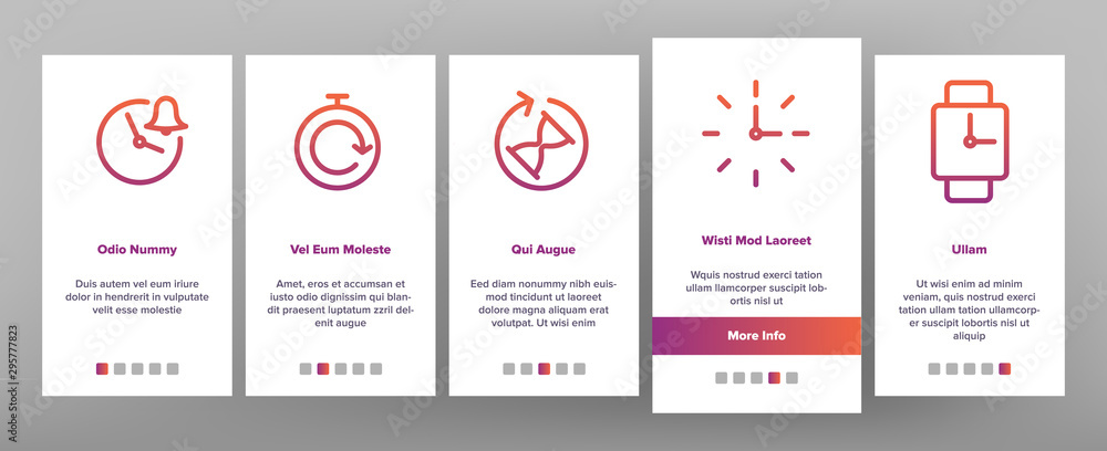 Poster different time clock onboarding mobile app page screen vector icons set thin line. hourglass and wat