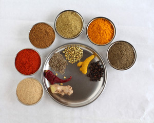 Indian Spices, like coriander, pepper, red chili, ginger, turmeric, and cumin, and their powders, on a steel plate and in bowls on a crumpled white paper background.
